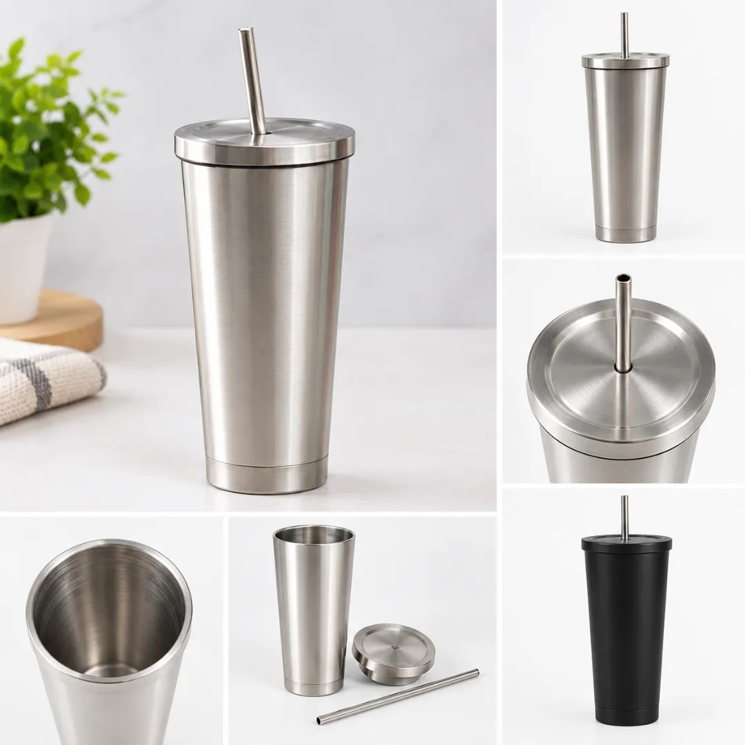 Black Stainless Steel Tumbler with Straw - Image 2